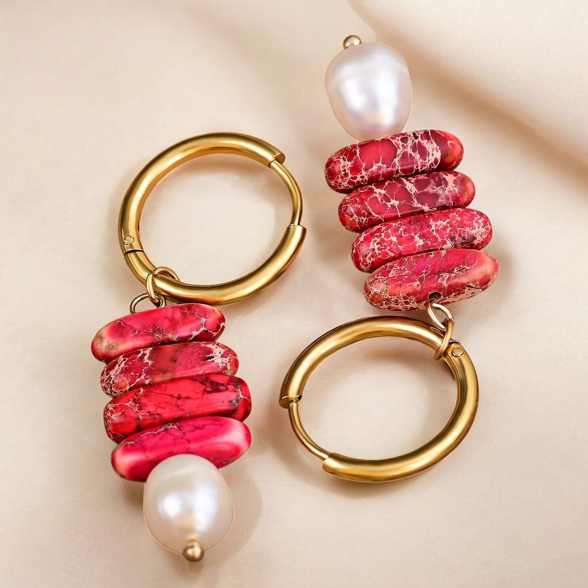 Brincos de Argola Ocean Bliss em Pérola e Jaspe Jade