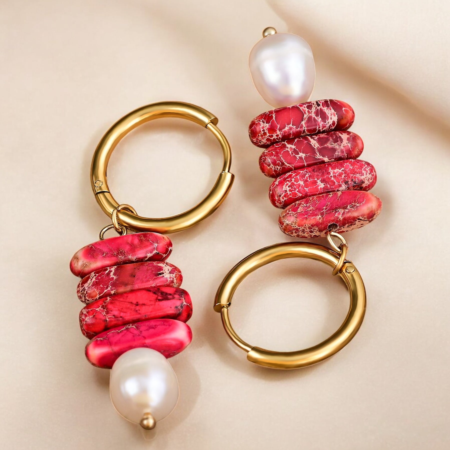 Brincos de Argola Ocean Bliss em Pérola e Jaspe Jade