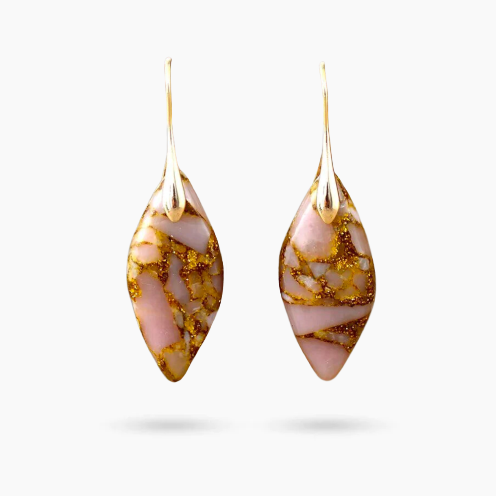 Brincos de Jaspe Folhas de Pêssego Dourado