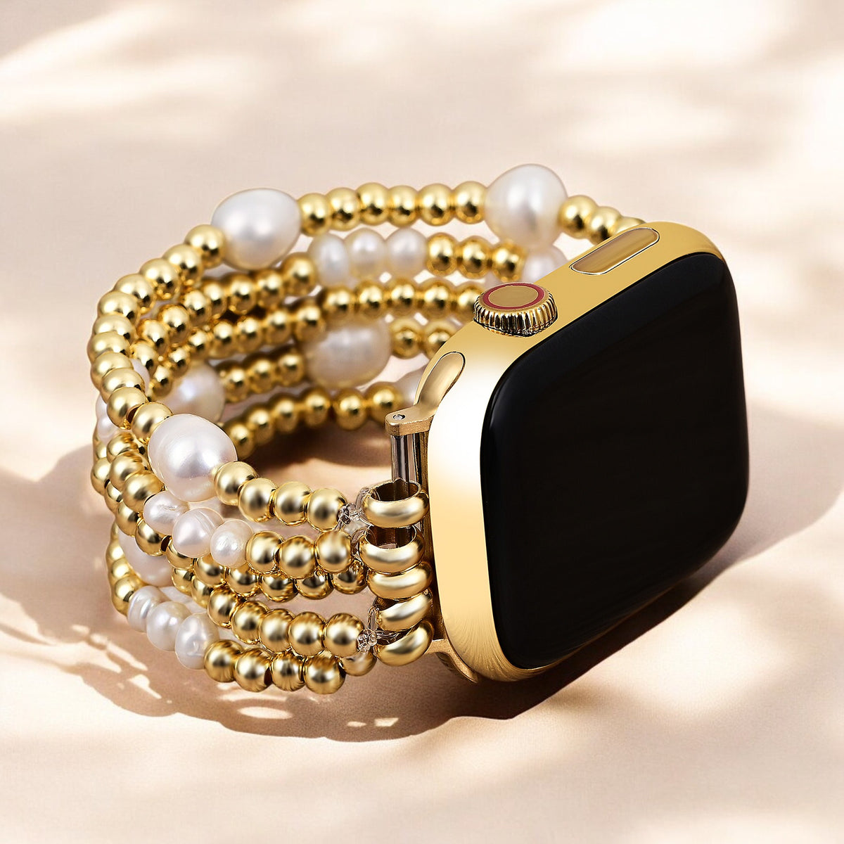 Pulseira Elástica Dourada e de Pérola para Apple Watch