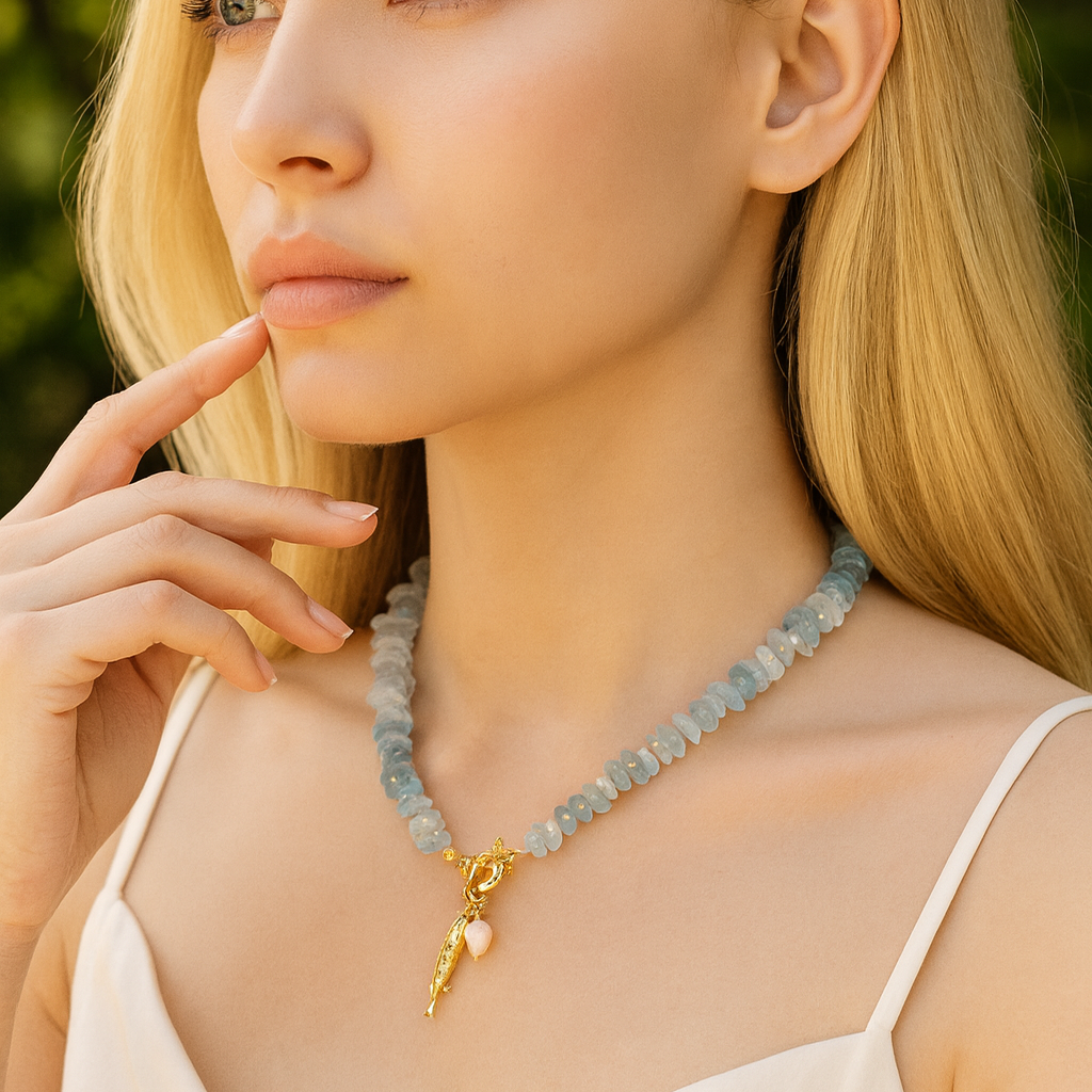 Colar com Pendentes de Pérola de Água-Marinha