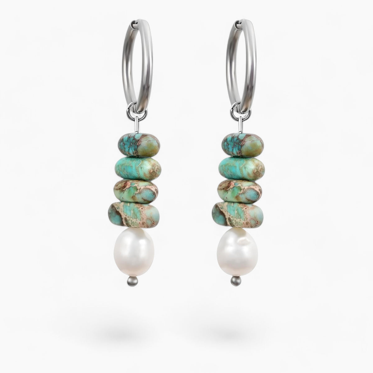 Brincos de Argola Ocean Bliss em Pérola e Jaspe Turquesa