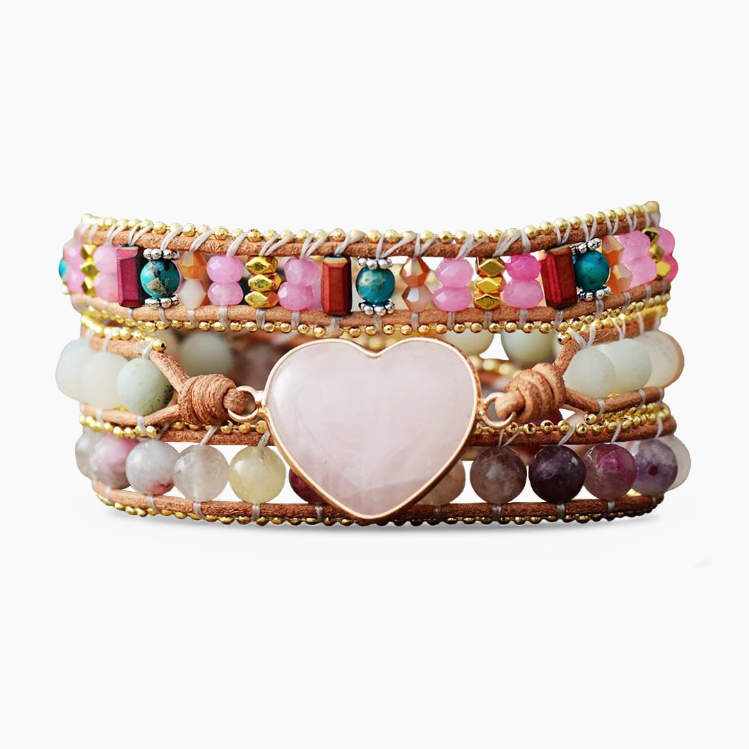 Pulseira Envolvente em Forma de Coração de Quartzo Rosa Sonhador