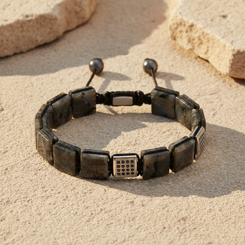 Pulseira masculina preta de labradorite