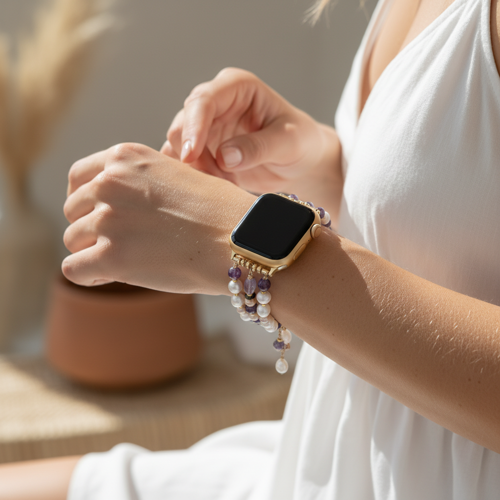 Pulseira elástica para Apple Watch com aglomerado de pérolas ametista