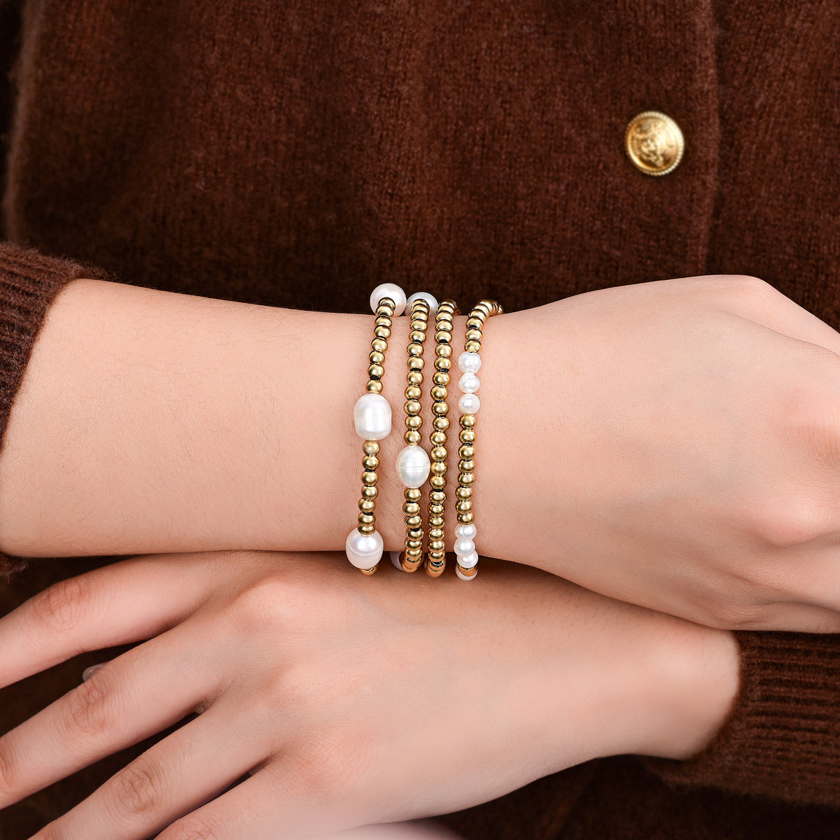 Conjunto de Pulseira de Ouro e Pérola