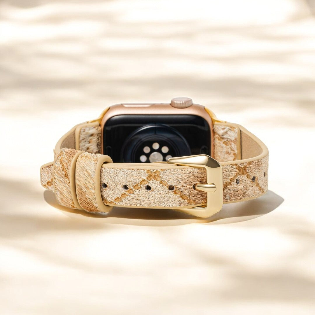 Pulseira de couro para Apple Watch em tons de madeira flutuante