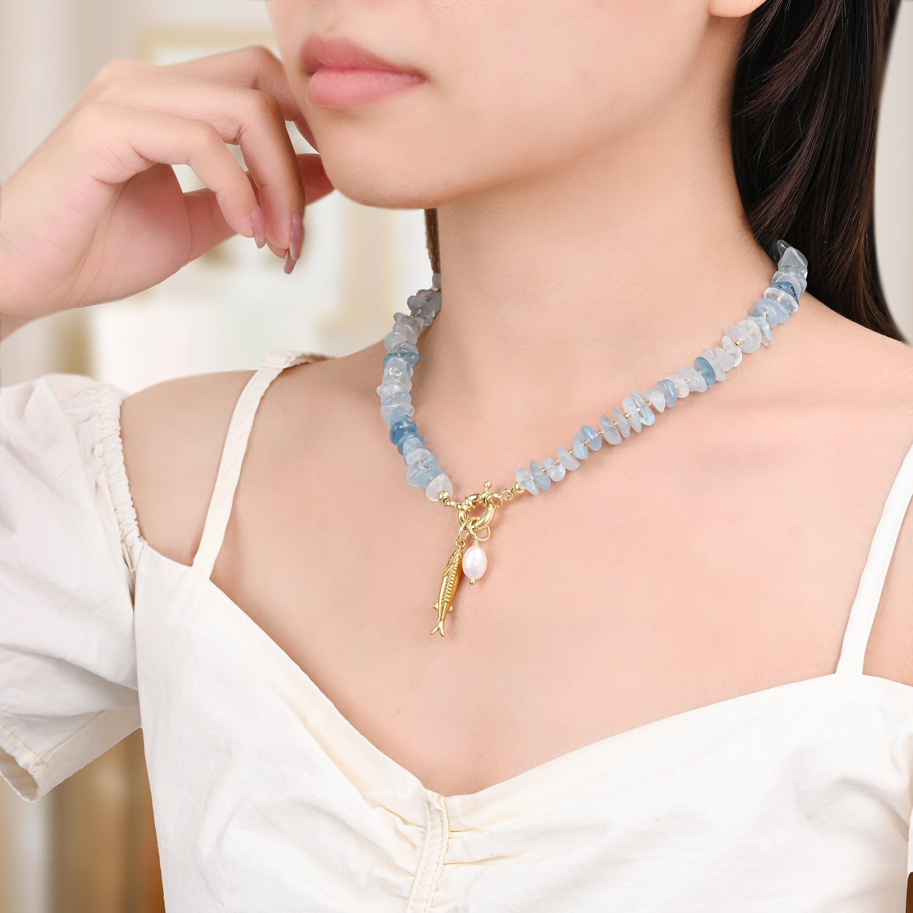 Colar com Pendentes de Pérola de Água-Marinha