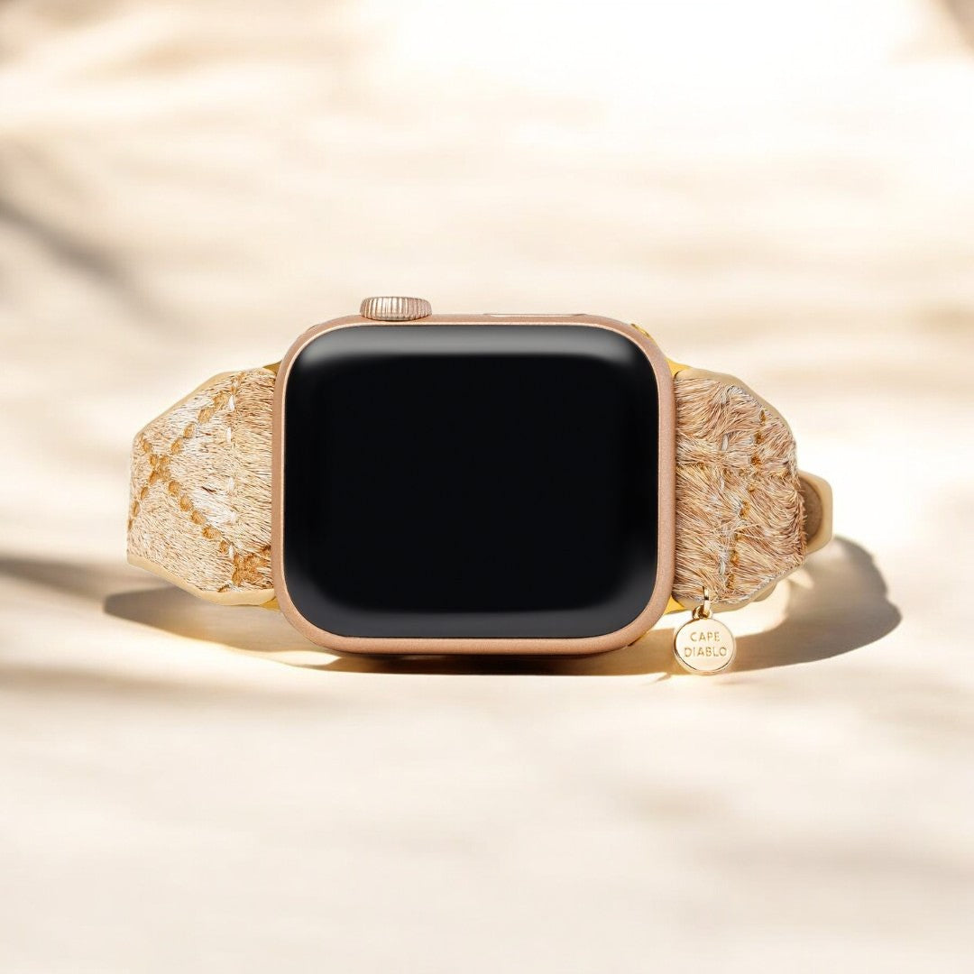 Pulseira de Couro Apple Watch em Tons de Madeira Flutuante
