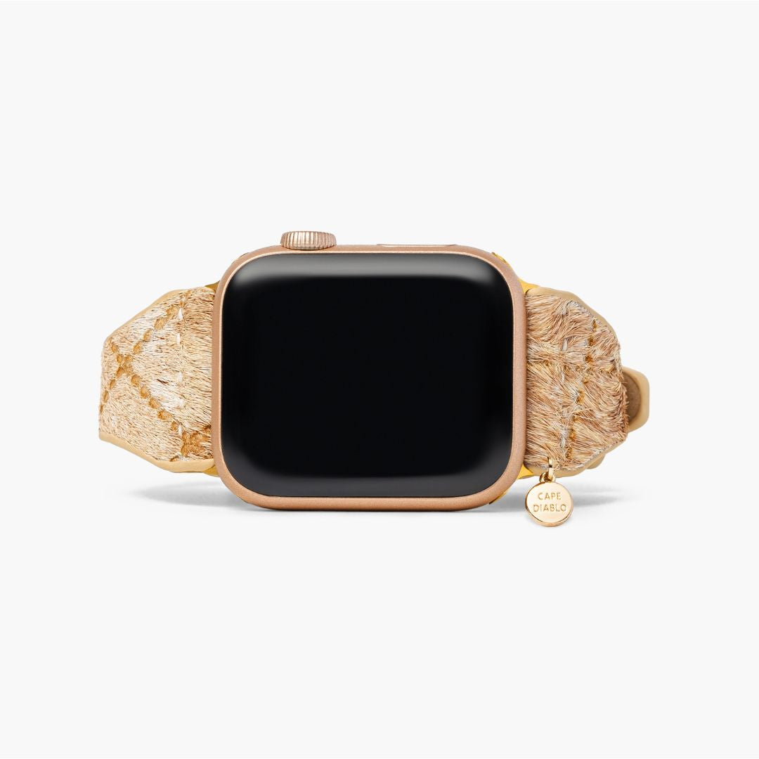 Pulseira de couro para Apple Watch em tons de madeira flutuante