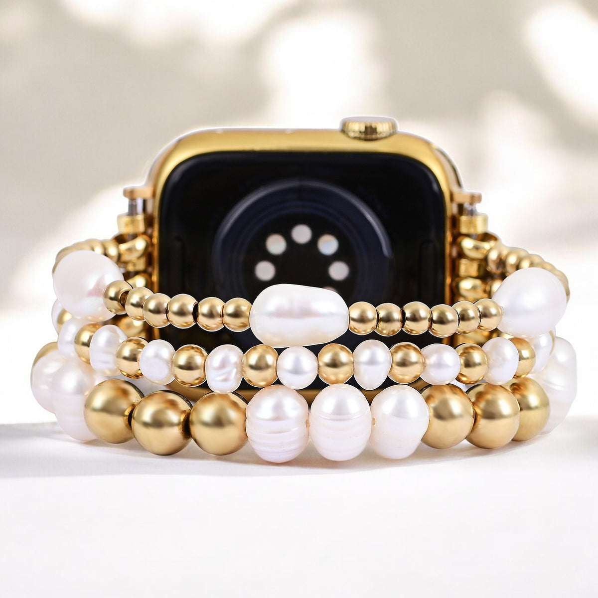 Pulseira Elástica para Apple Watch com Pérola de Água Doce Dourada