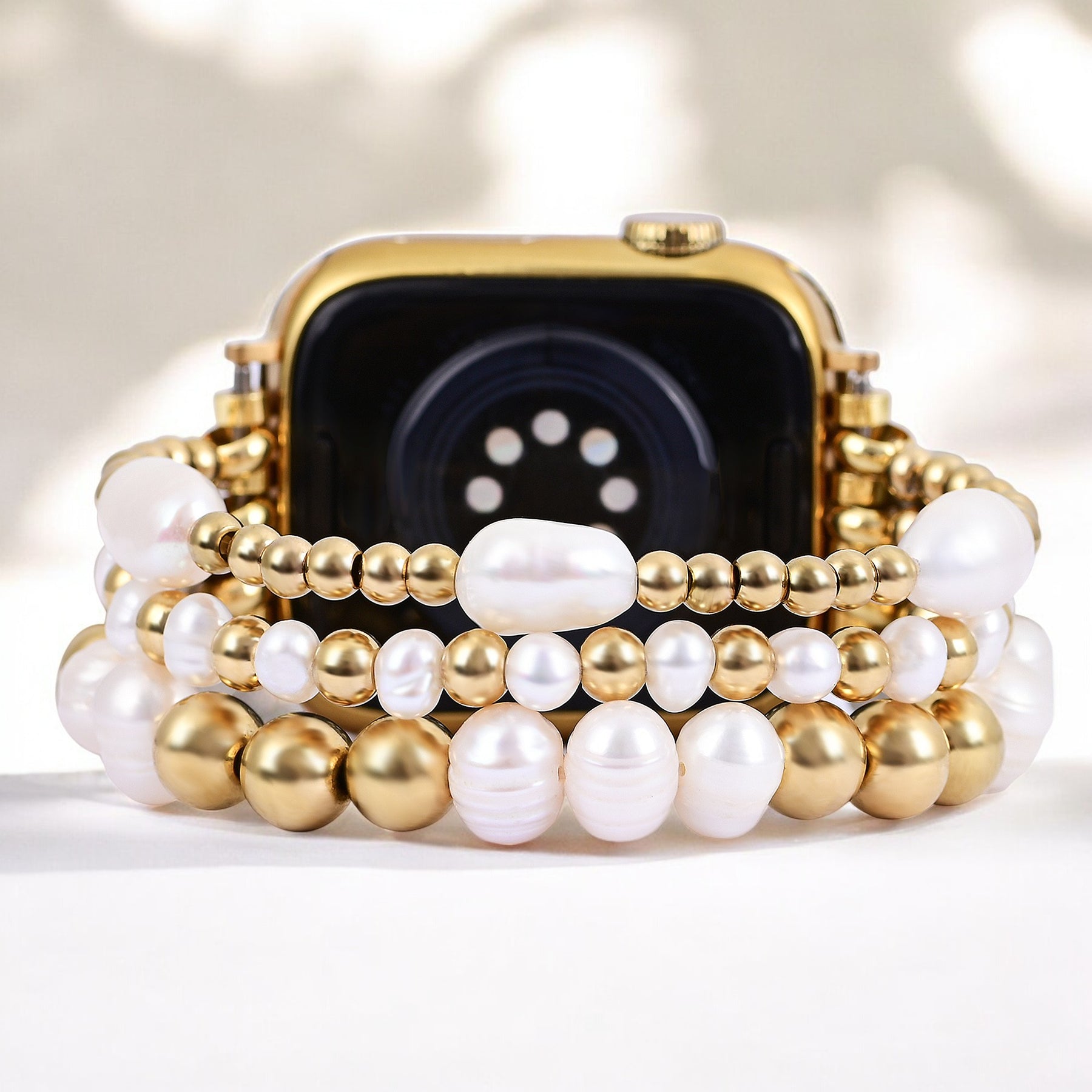 Pulseira Elástica de Pérola de Água Doce Dourada para Apple Watch