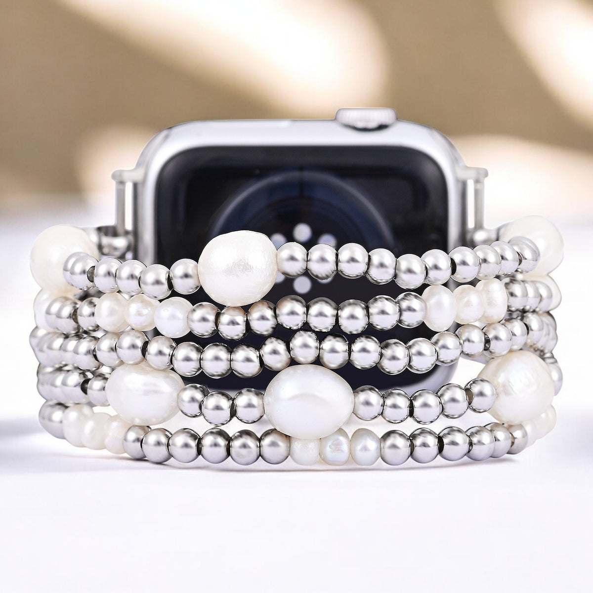 Pulseira Elástica de Pérola e Prateada para Apple Watch