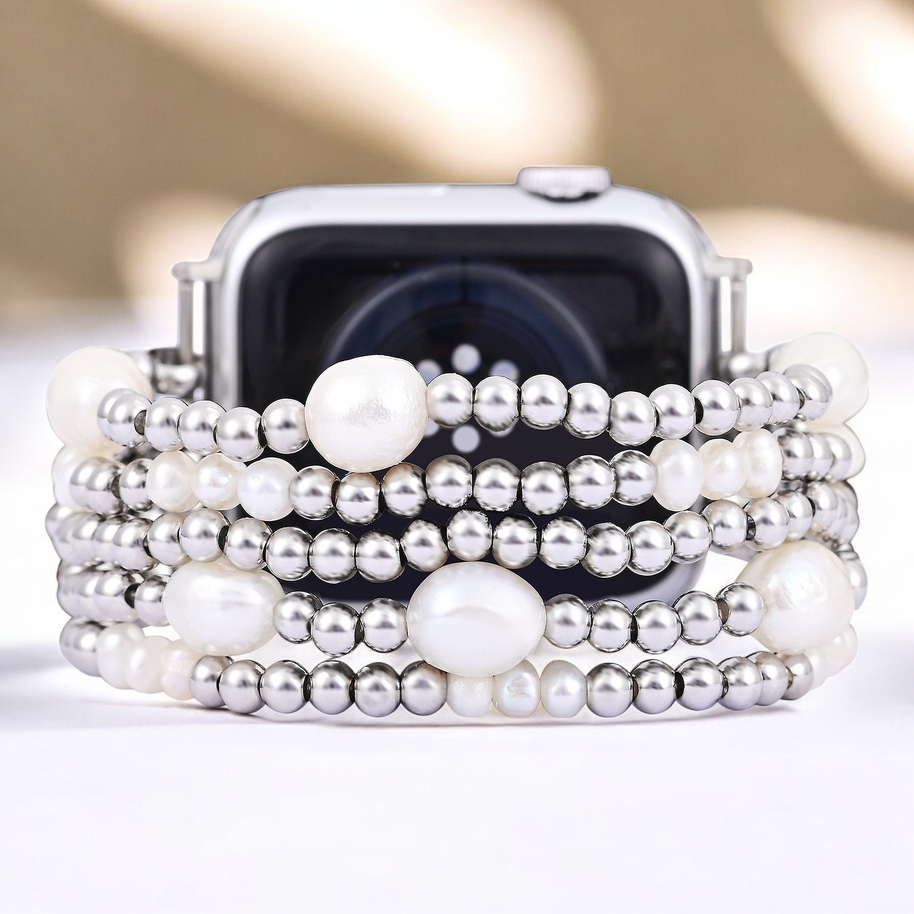 Pulseira elástica de pérola e prata para Apple Watch