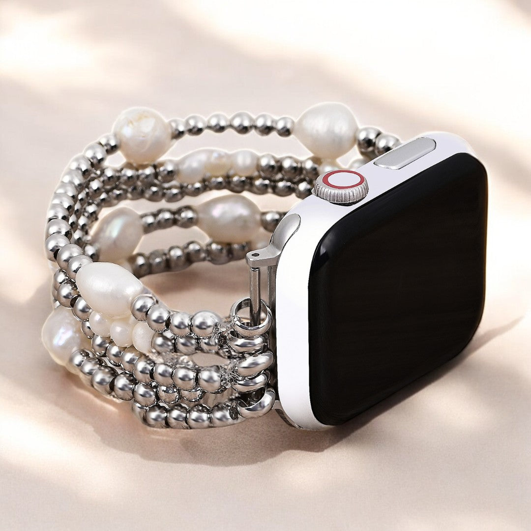 Pulseira Elástica de Pérola e Prateada para Apple Watch