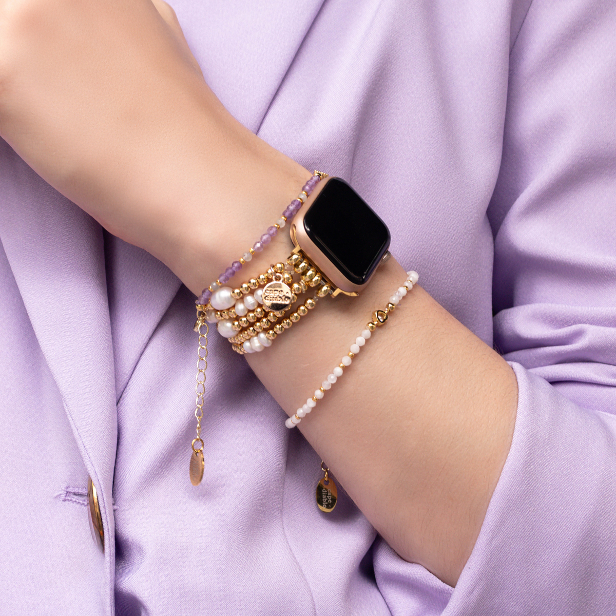 Pulseira Elástica Dourada e de Pérola para Apple Watch