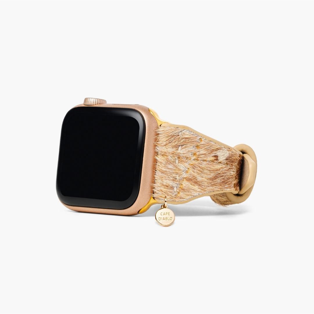 Pulseira de couro para Apple Watch em tons de madeira flutuante