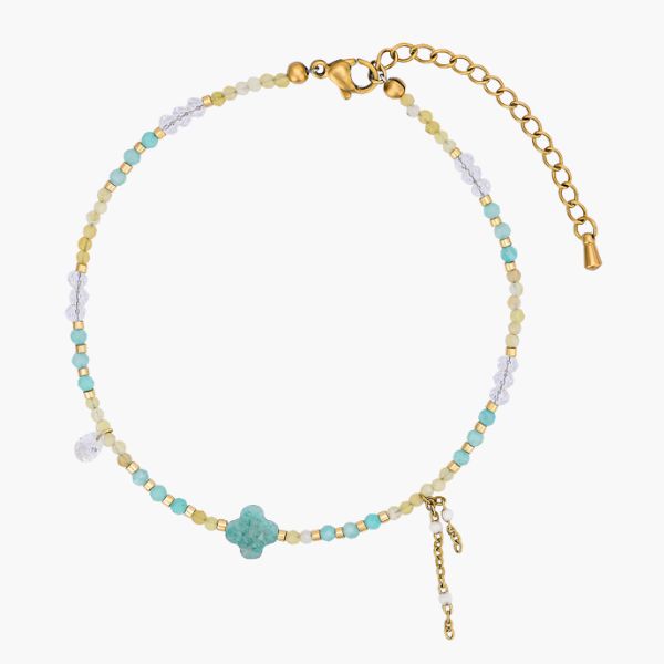 Pulseira de tornozelo com charme de trevo em Amazonite azul-água