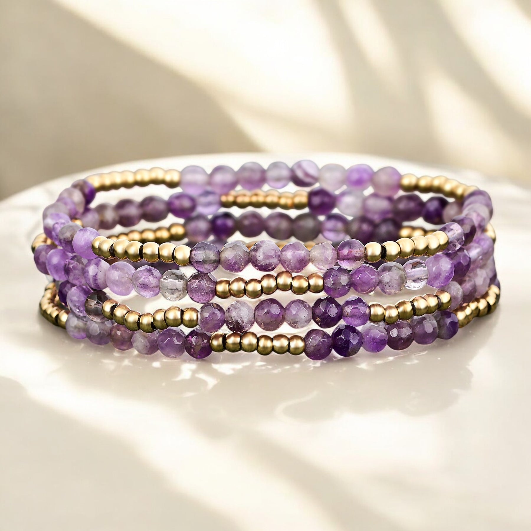 Conjunto de Pulseiras de Ametista Violeta Dourada