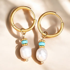 Brincos de Argola com Pérola Golden Grace e Ágata Turquesa