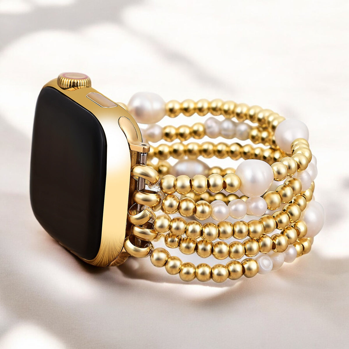 Pulseira Elástica Dourada e de Pérola para Apple Watch