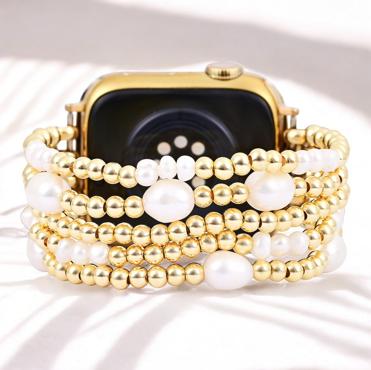 Pulseira Elástica Dourada e de Pérola para Apple Watch