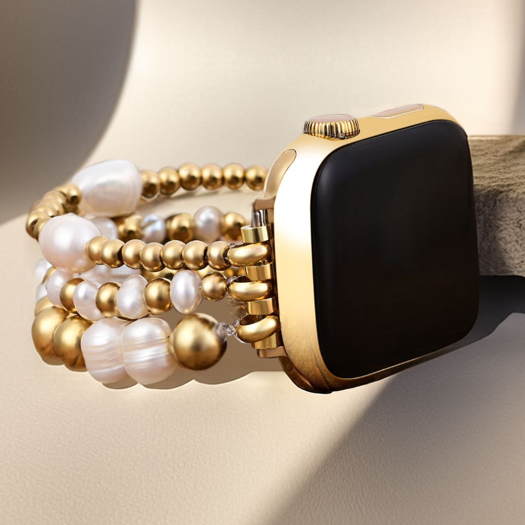 Pulseira Elástica para Apple Watch com Pérola de Água Doce Dourada
