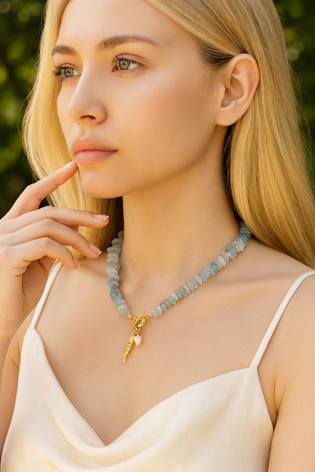 Colar com Pendentes de Pérola de Água-Marinha