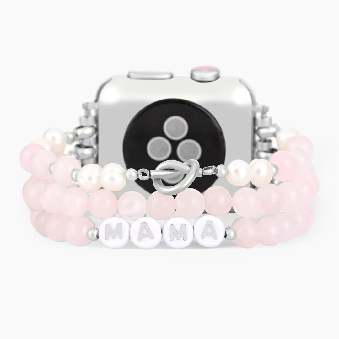 Pulseira de relógio para Apple com elasticidade de quartzo rosa com amor maternal