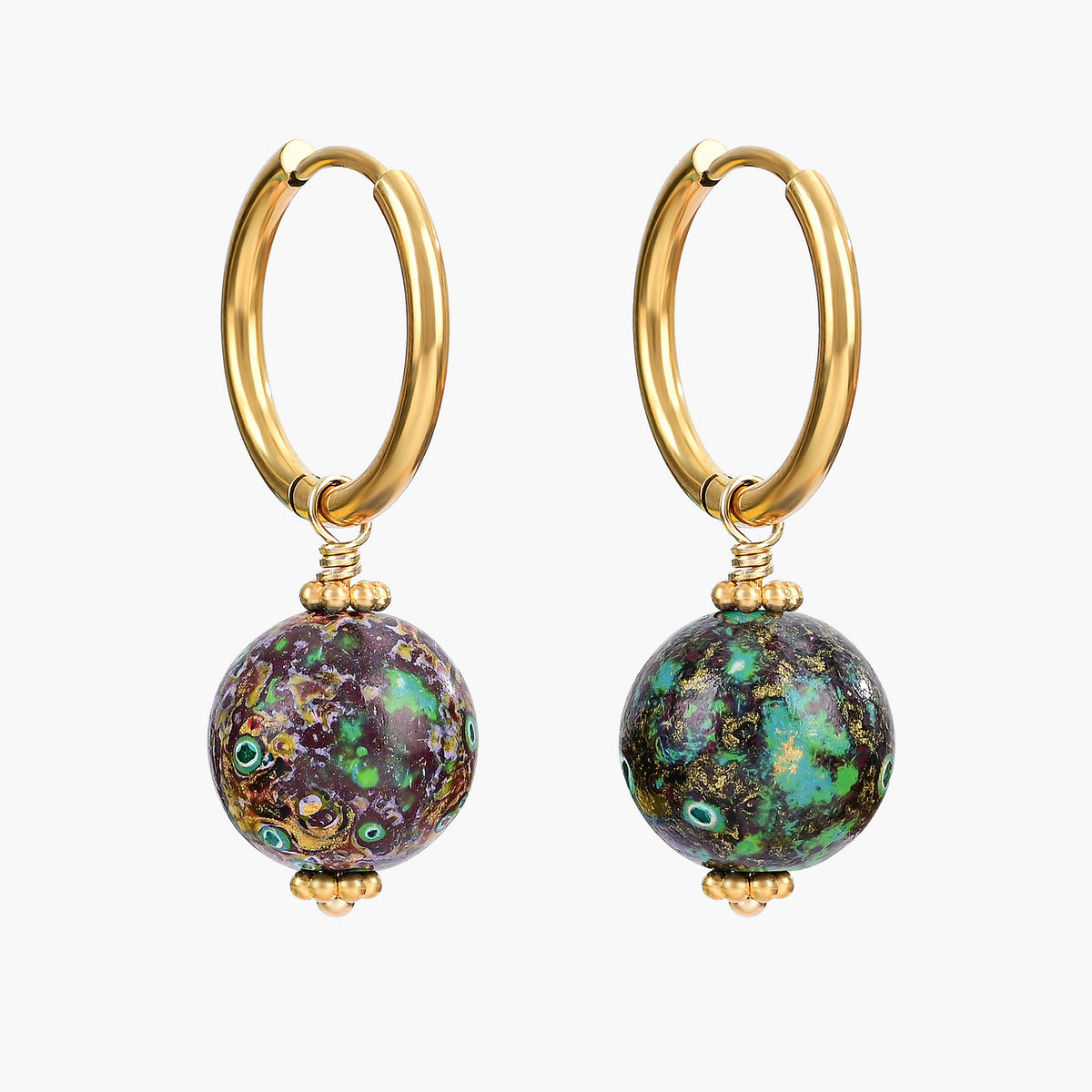 Brincos de Argola com Orbe Salpicado Eclipse Esmeralda