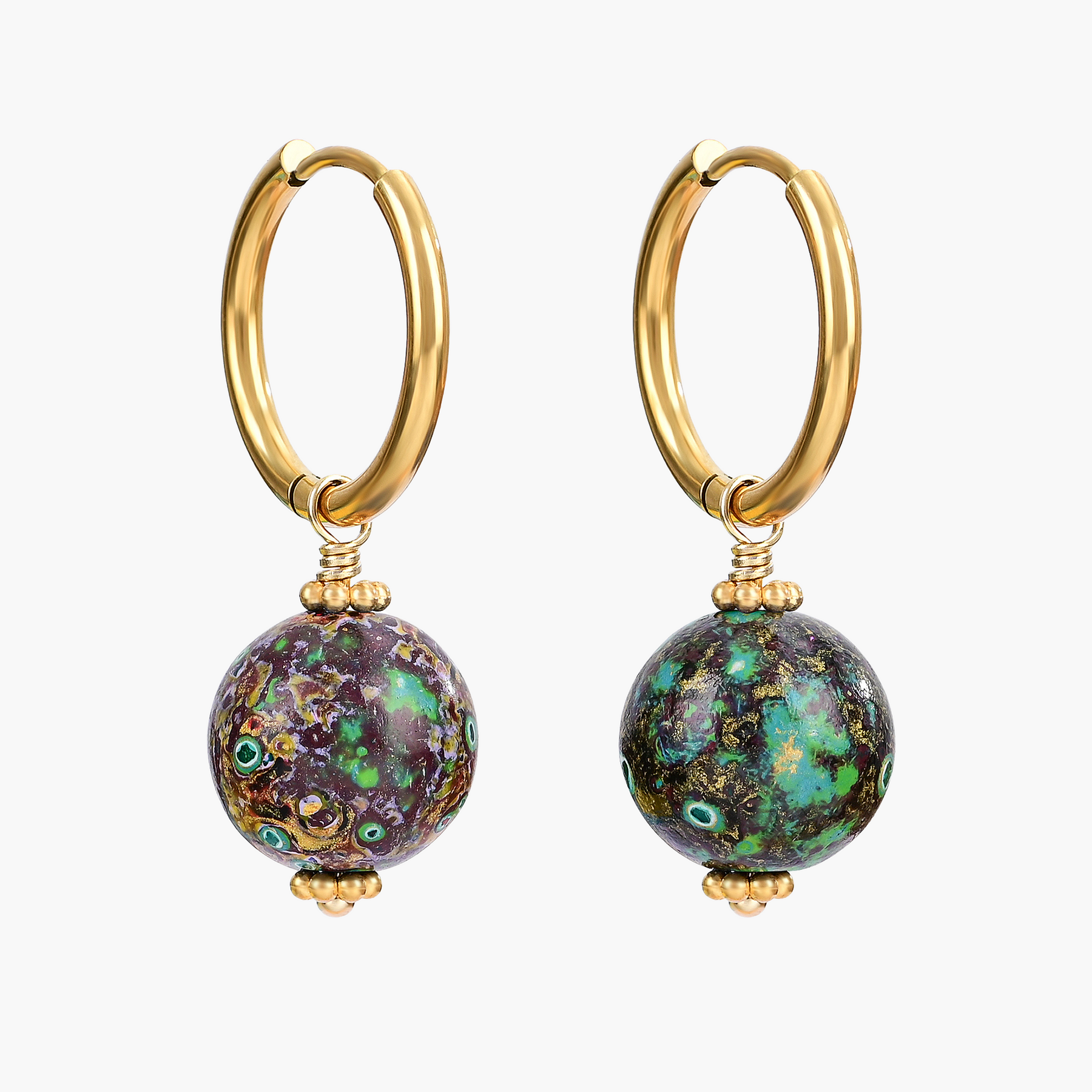 Brincos de Argola com Orbe Salpicado Eclipse Esmeralda