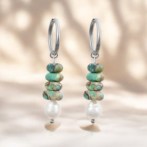 Brincos de Argola Ocean Bliss em Pérola e Jaspe Turquesa