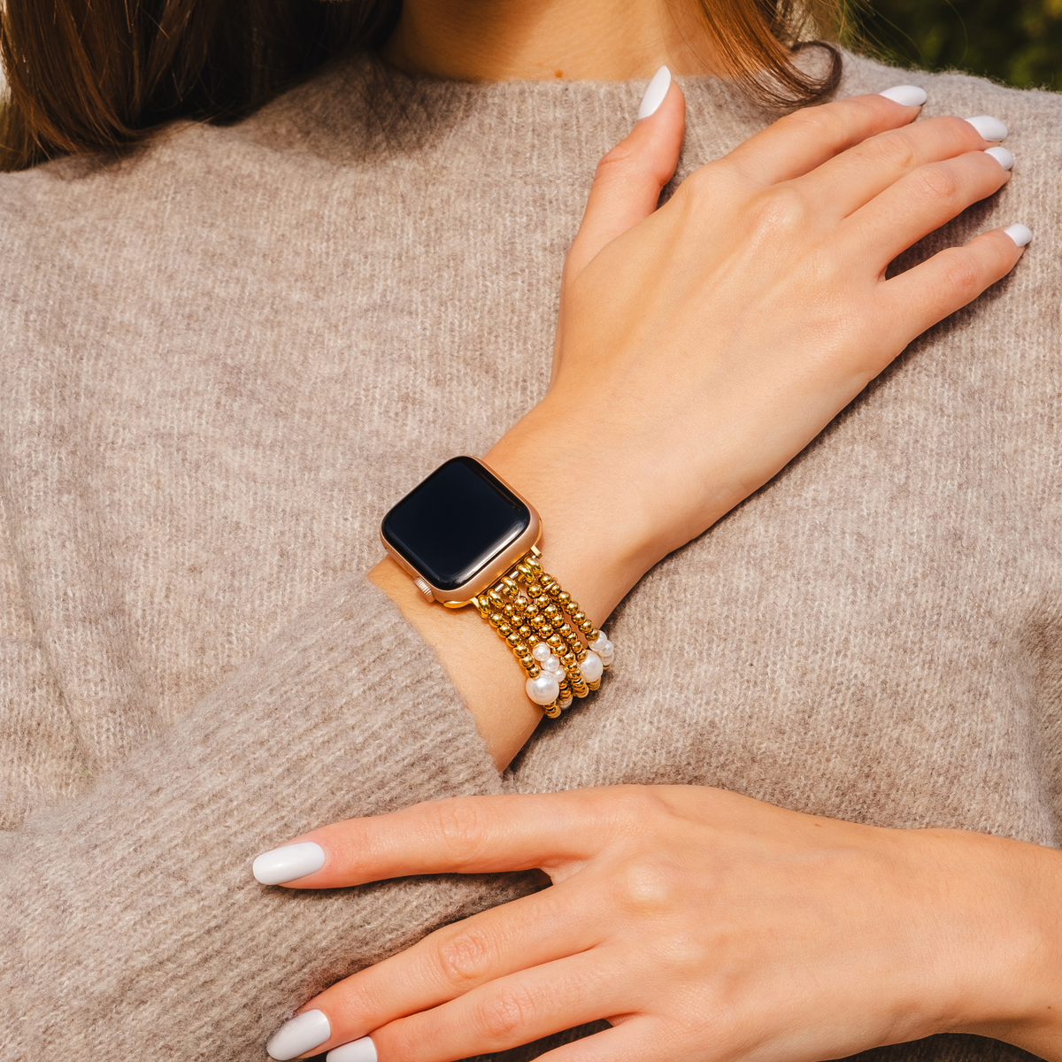 Pulseira Elástica Dourada e de Pérola para Apple Watch