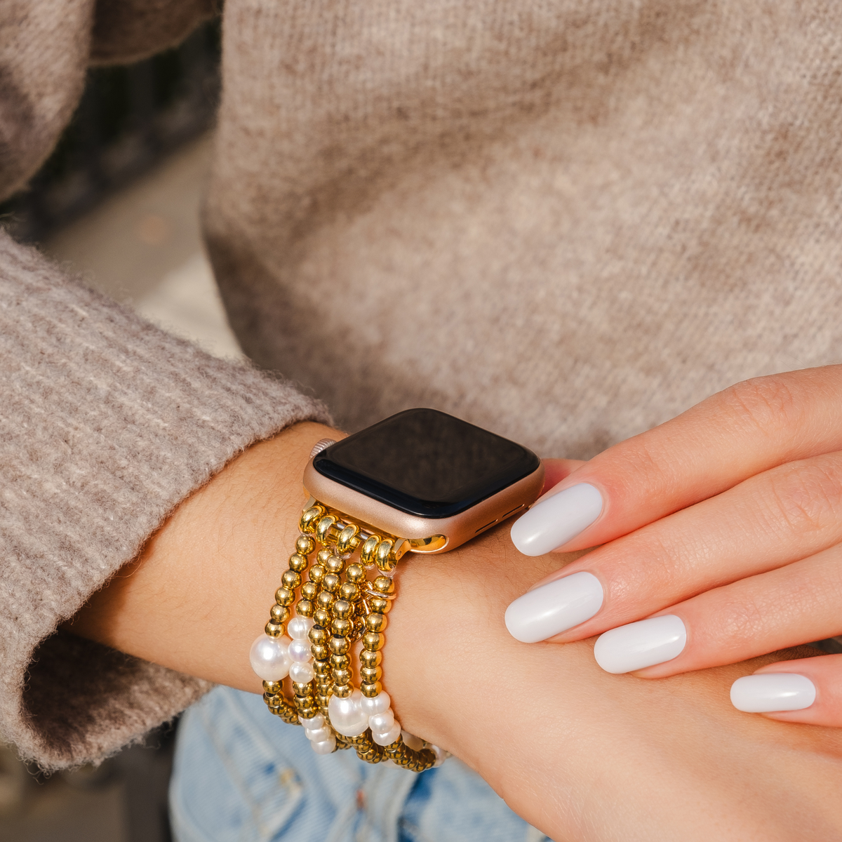 Pulseira Elástica Dourada e de Pérola para Apple Watch