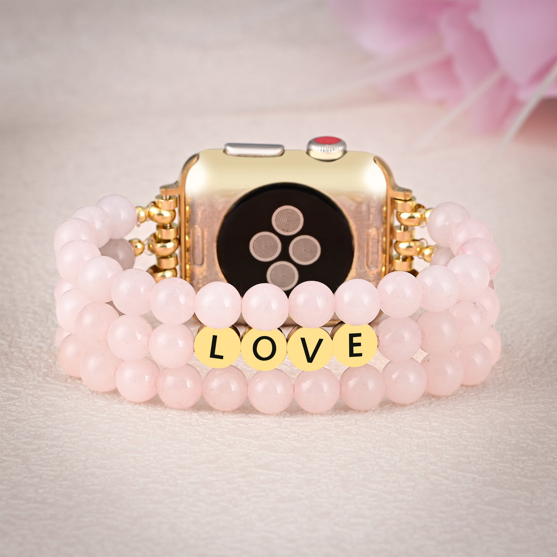 Pulseira para Apple Watch com inspiração amorosa em quartzo rosa