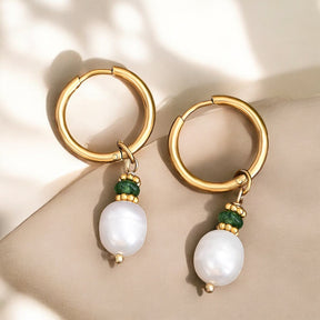 Brincos de Argola com Pérola Dourada Grace e Ágata Verde