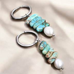 Brincos de Argola Ocean Bliss em Pérola e Jaspe Turquesa