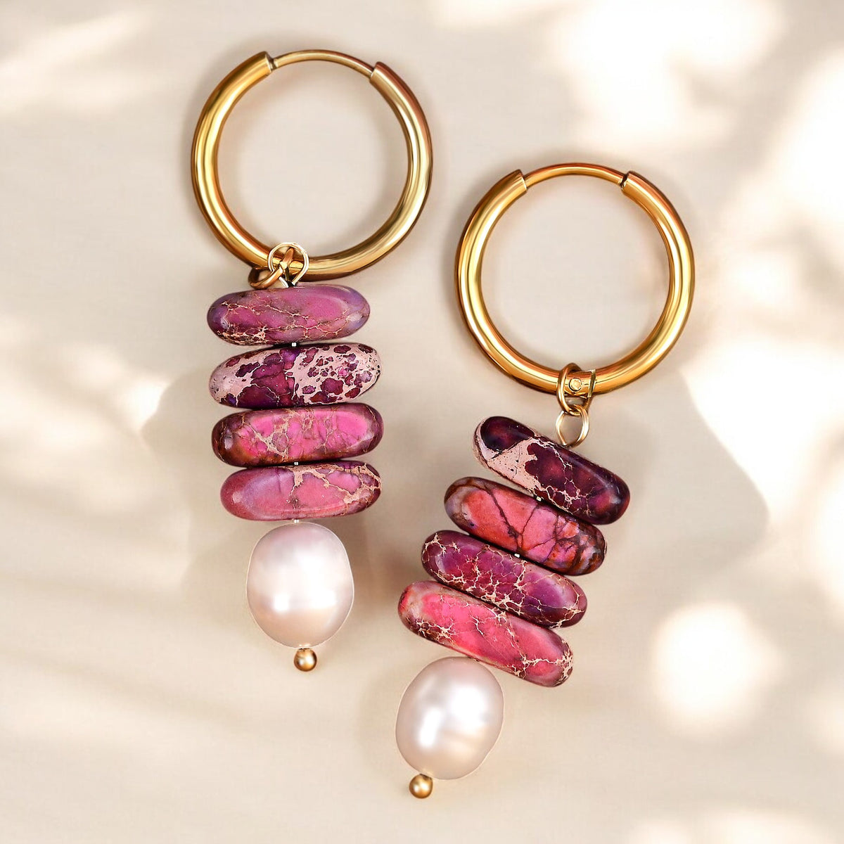 Brincos em Argola de Pérola Ocean Bliss e Jaspe Magenta