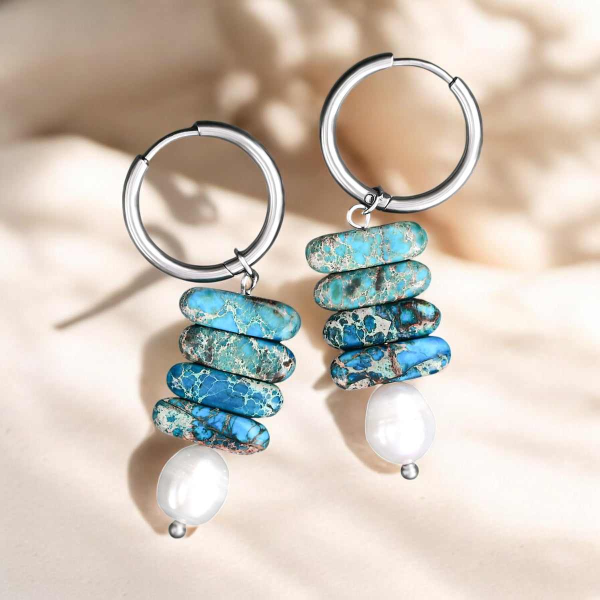 Ocean Bliss Pearl e Blue Jasper Hoop Drops