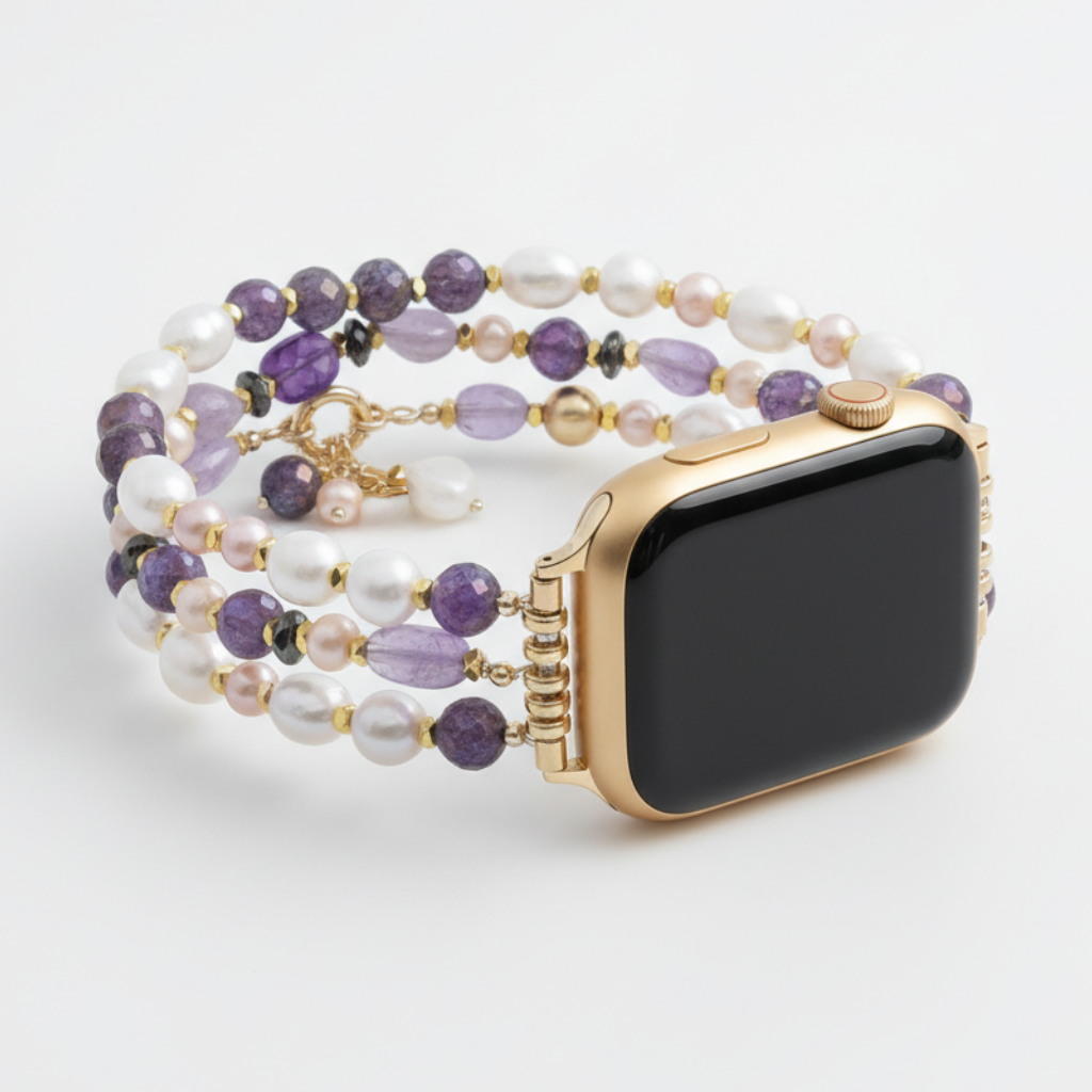 Pulseira elástica para Apple Watch com aglomerado de pérolas ametista