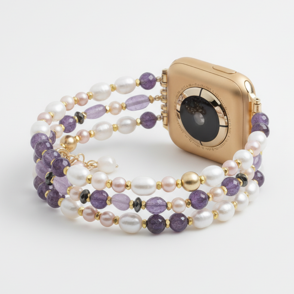 Pulseira elástica para Apple Watch com aglomerado de pérolas ametista