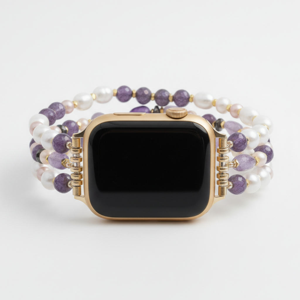 Pulseira elástica para Apple Watch com aglomerado de pérolas ametista