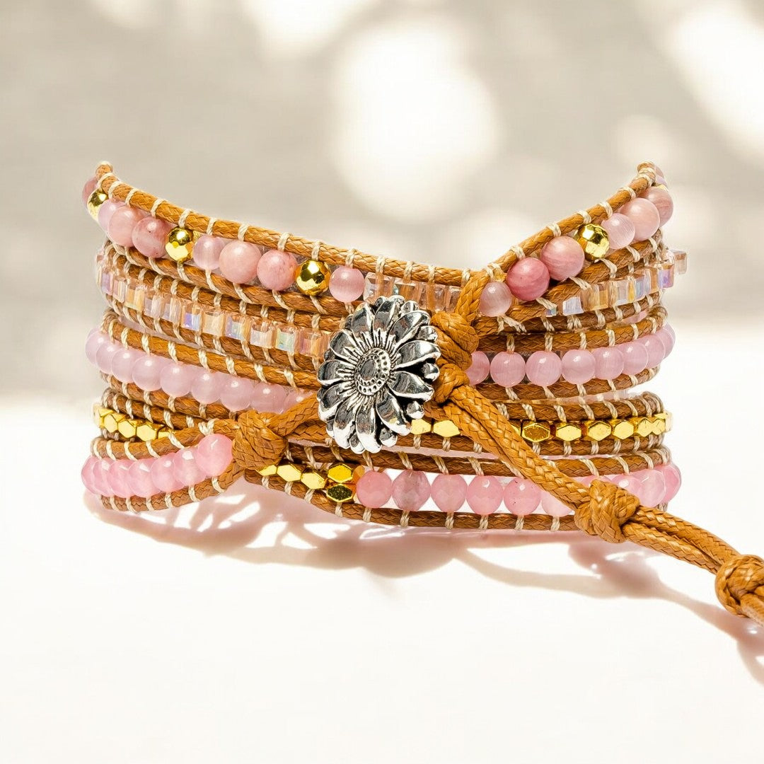 Pulseira de quartzo rosa dourada
