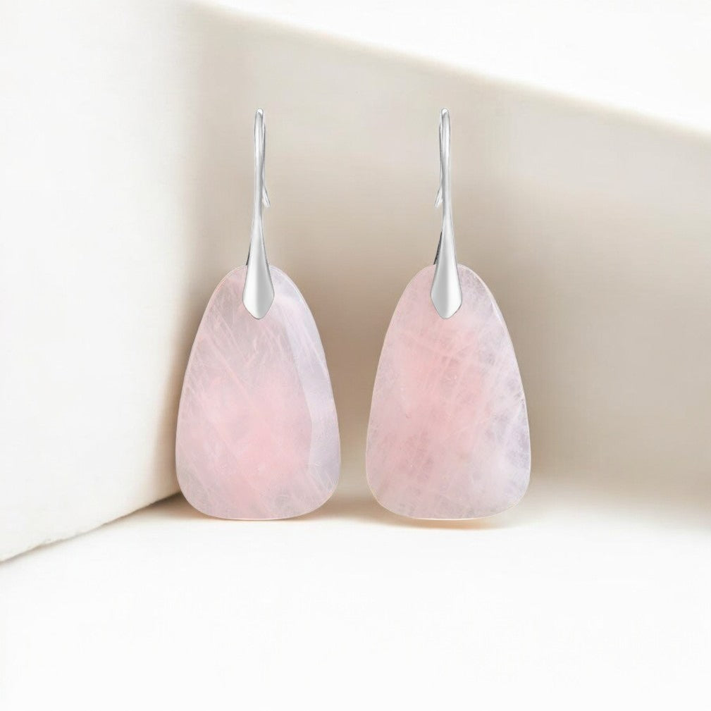 Brincos pendentes de proteção em quartzo rosa